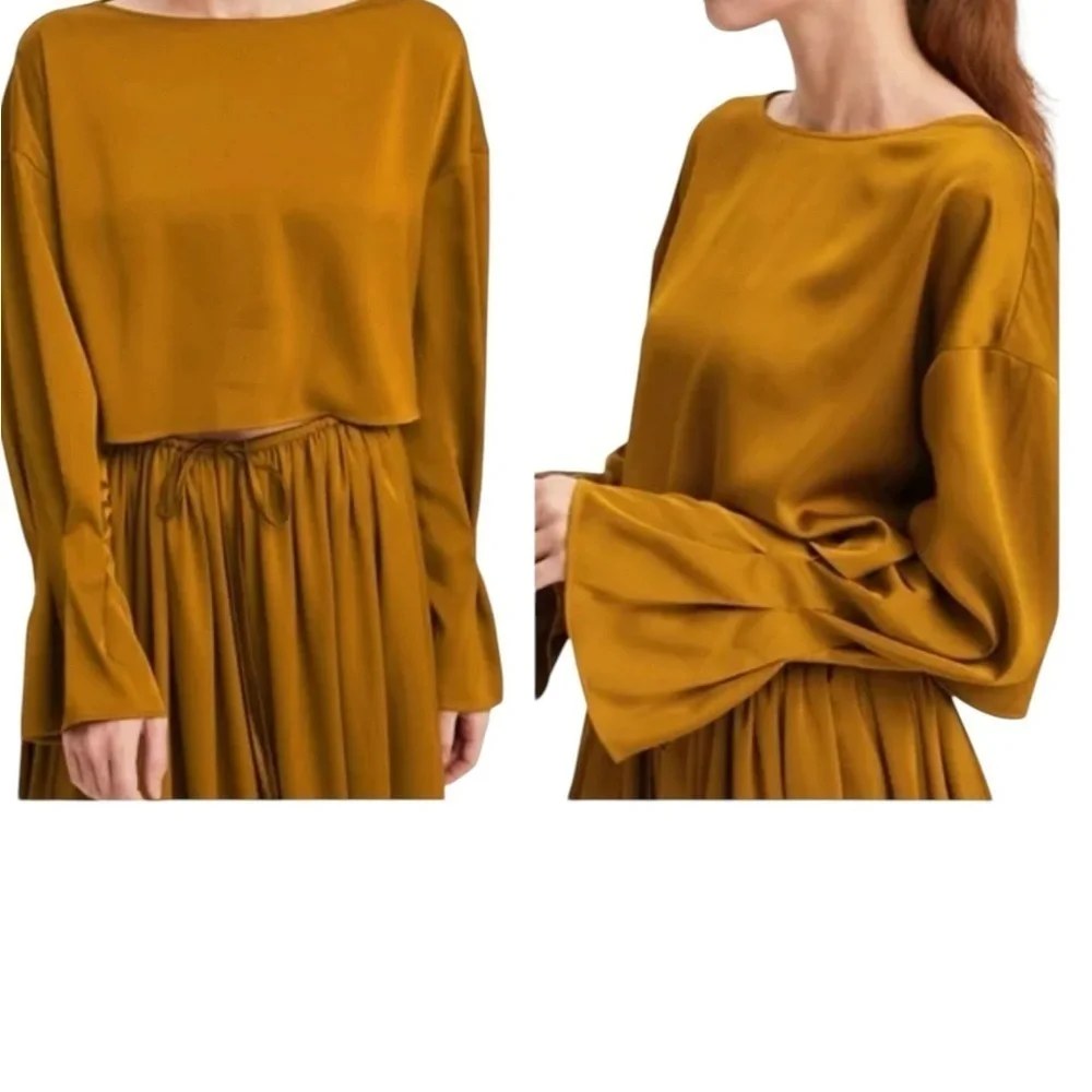 NAP‎ lounge Wear Free Flowing Cropped Top Pleated Sleeve in Warm Amber